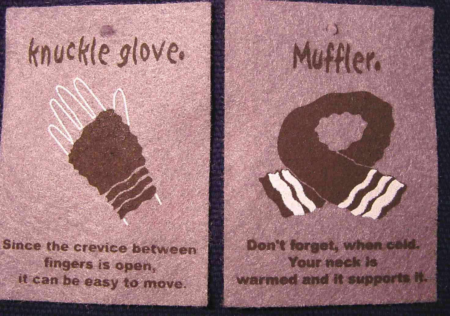 Jan. 2006. Labels from my matching knuckle glove and muffler set.