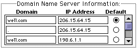 Domain Name Server Information
 well.com       206.15.64.15     (X) Default
 .              206.15.64.15
 well.com       198.6.1.1